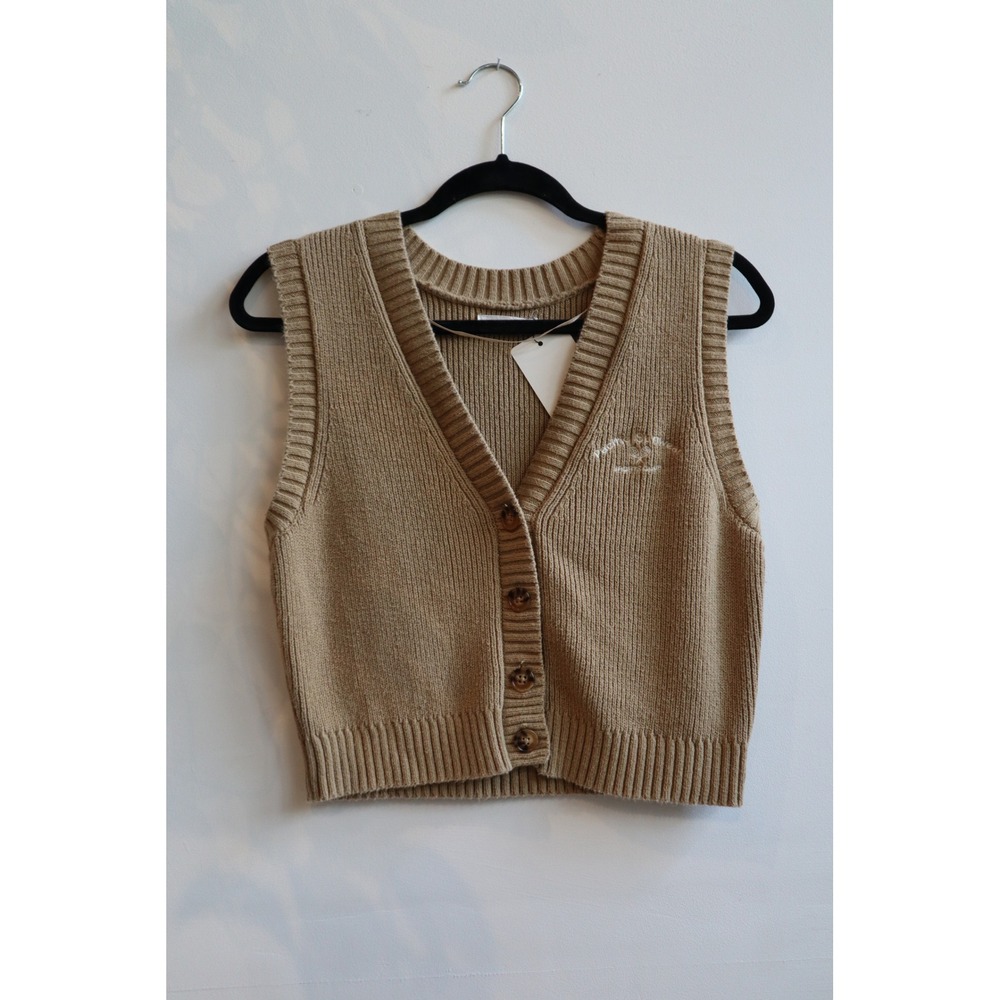 Pacific Sunwear Sport Club Cropped Sweater Vest Tan V-Neck Button Front Tennis